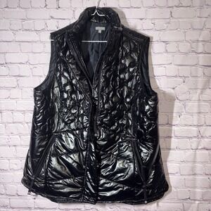 T By Talbots Vest Womens XL Black Quilted Shiny Puffer Zip Pockets Shiny Glossy